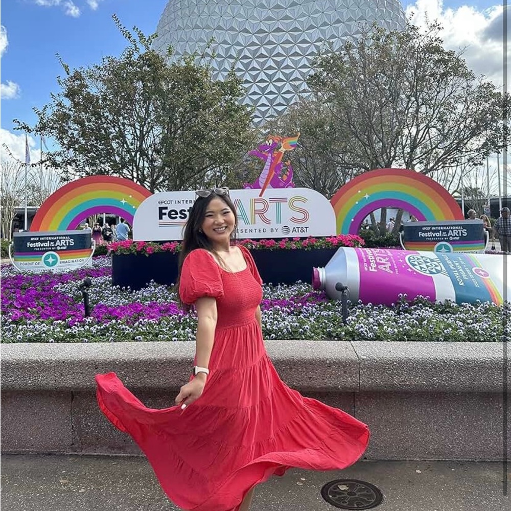 Women's Square Neck Short Puff Sleeve Smocked Flowy Tiered Midi Dress